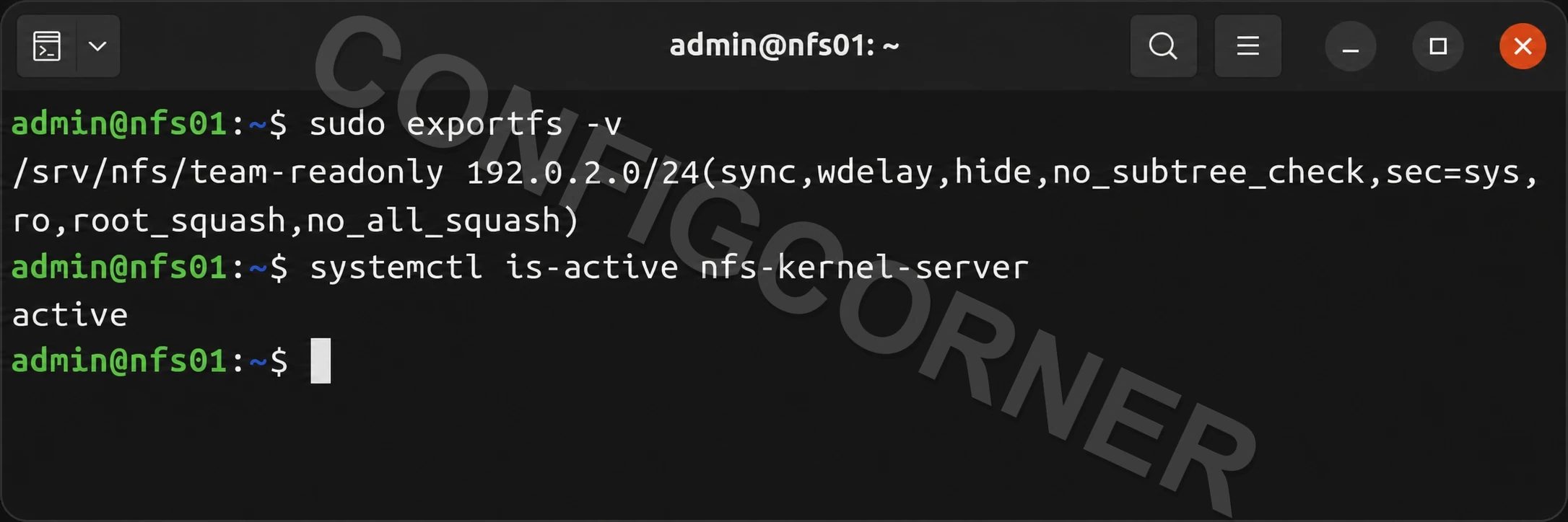 Linux terminal showing the restricted read-only NFS export and active NFS server service
