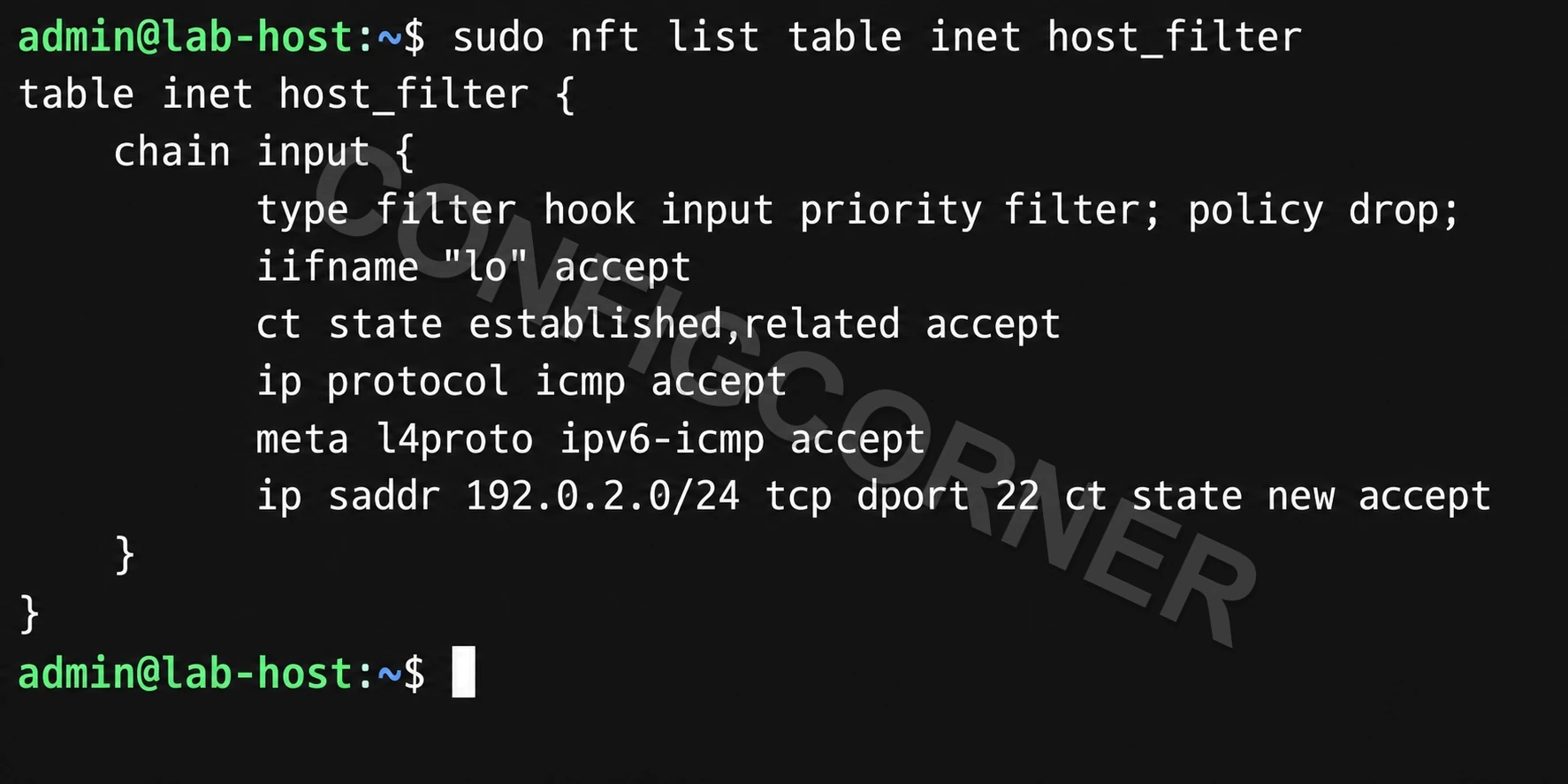 Linux terminal displaying the nftables inet host_filter input chain and its allow rules
