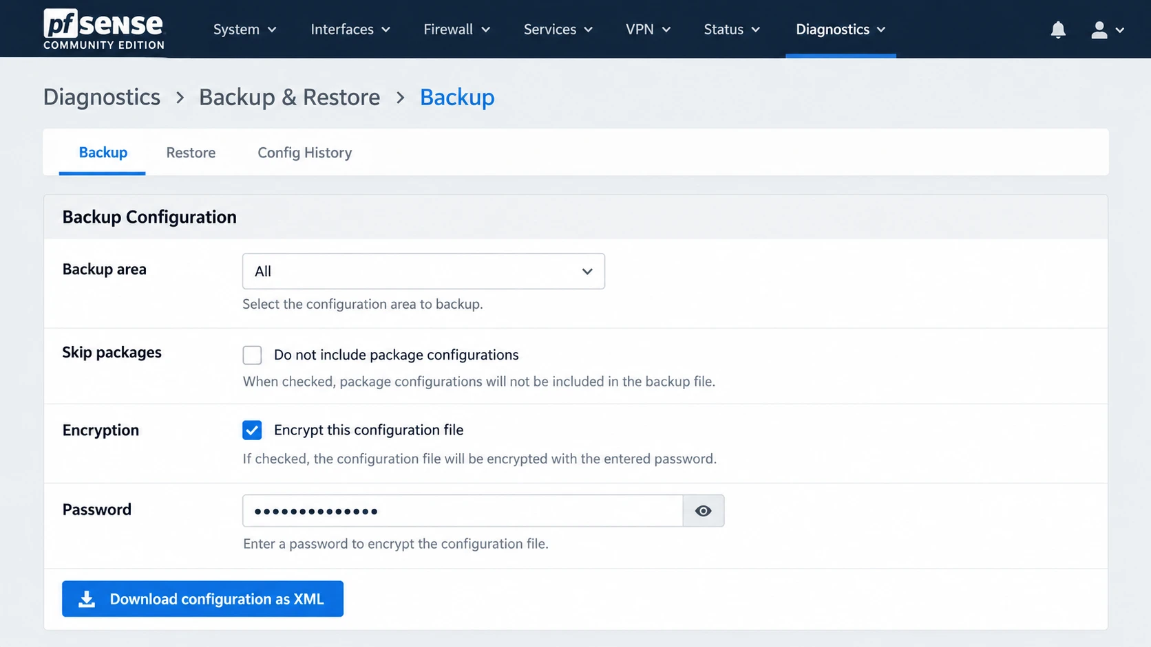 Illustration of a full pfSense configuration backup with encryption enabled