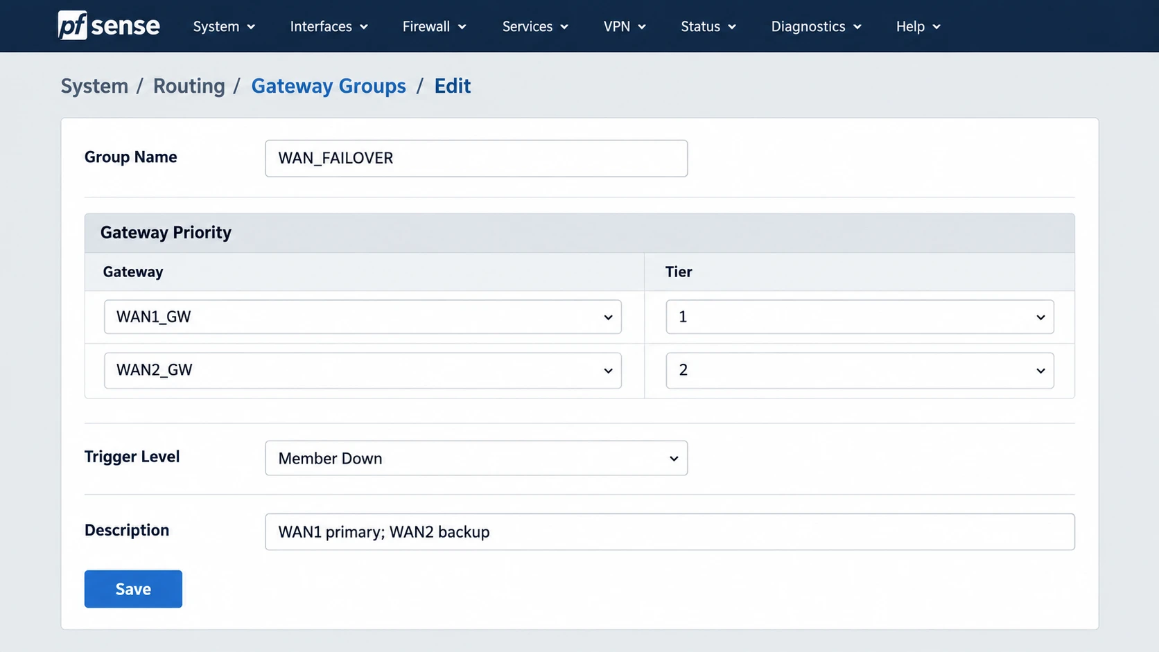 Illustration of a WAN_FAILOVER gateway group with WAN1 at Tier 1 and WAN2 at Tier 2