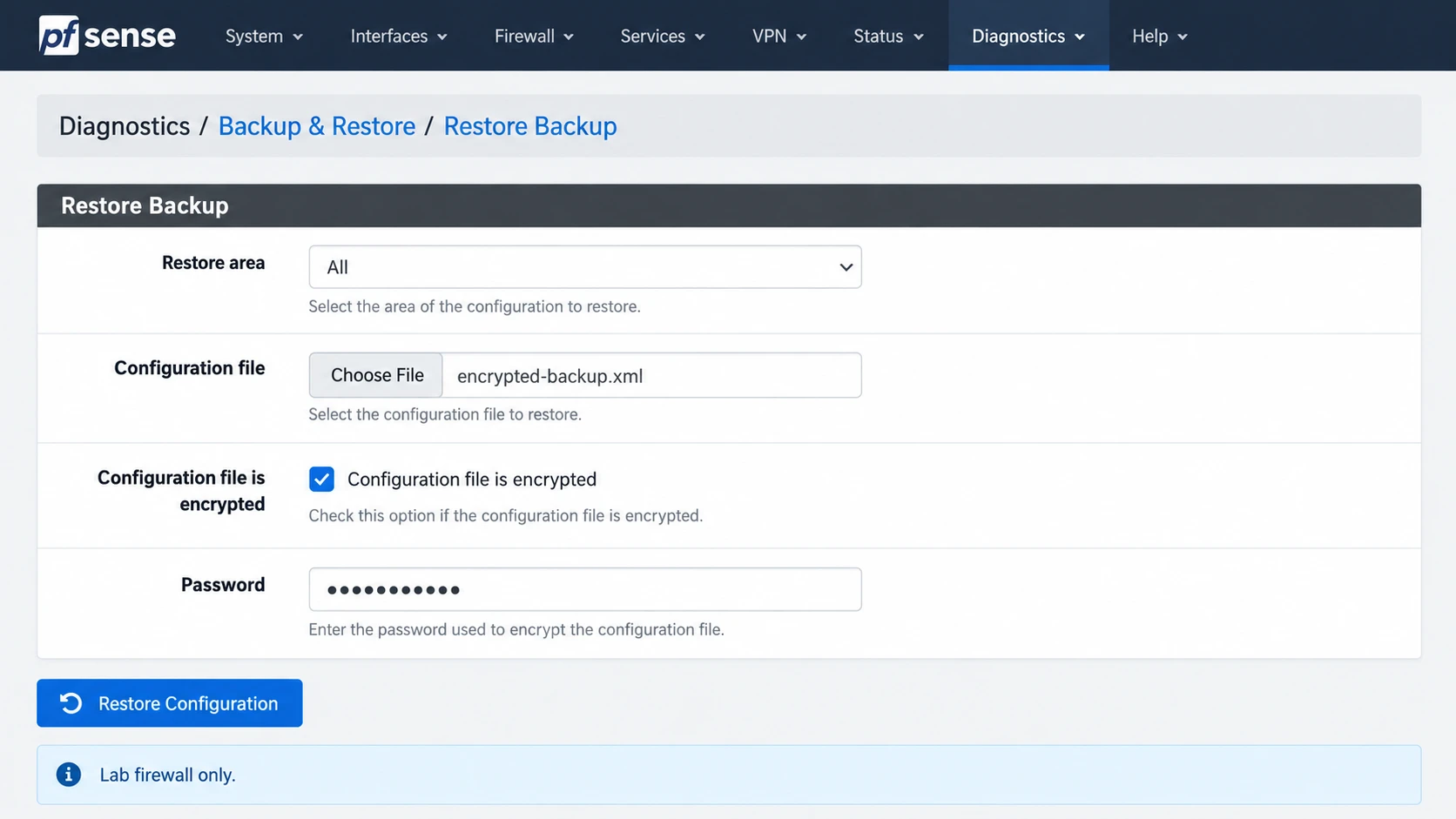 Illustration of restoring an encrypted pfSense configuration on an isolated lab firewall