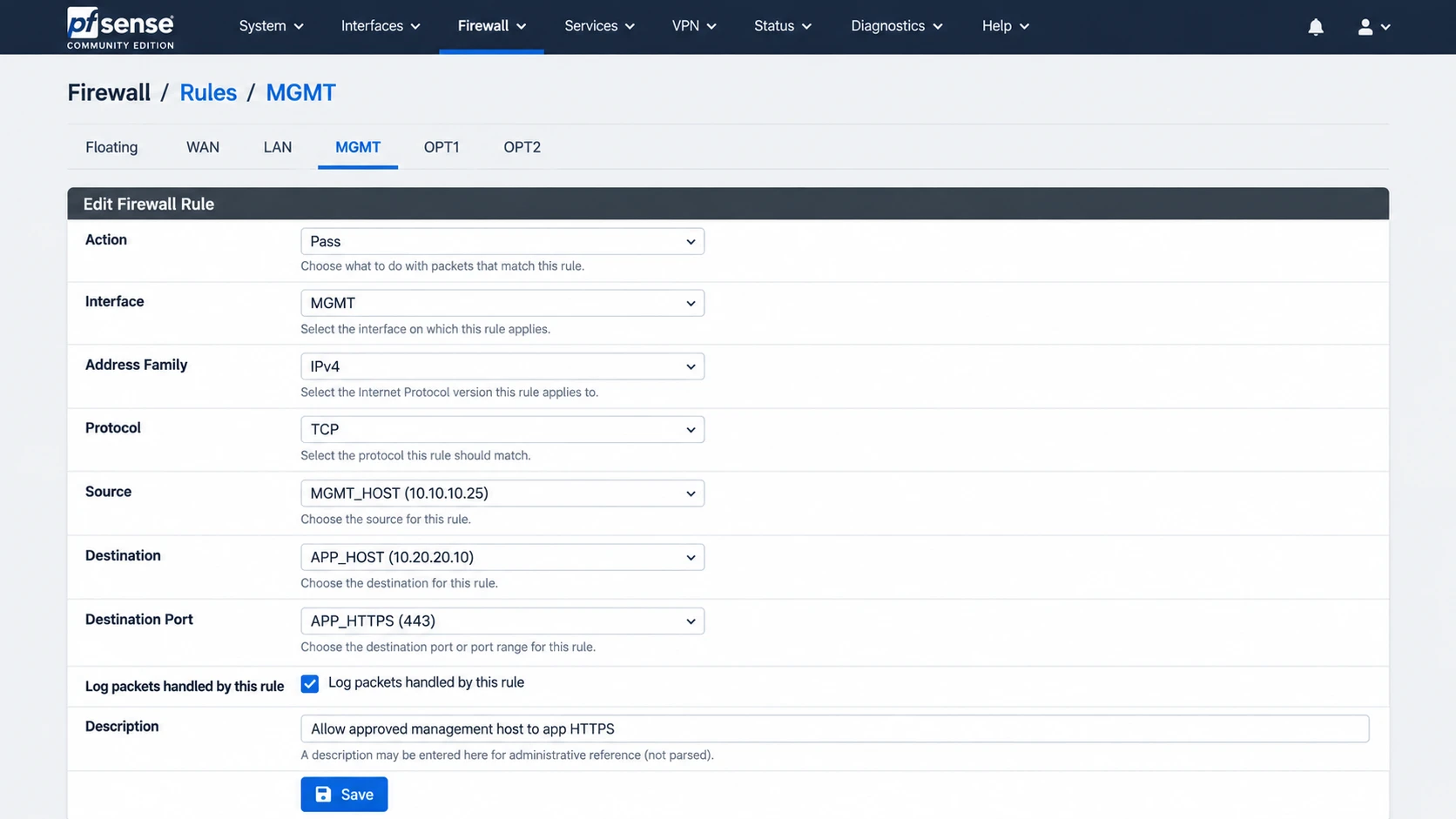 Illustration of an MGMT interface pass rule using MGMT_HOST, APP_HOST, and APP_HTTPS aliases