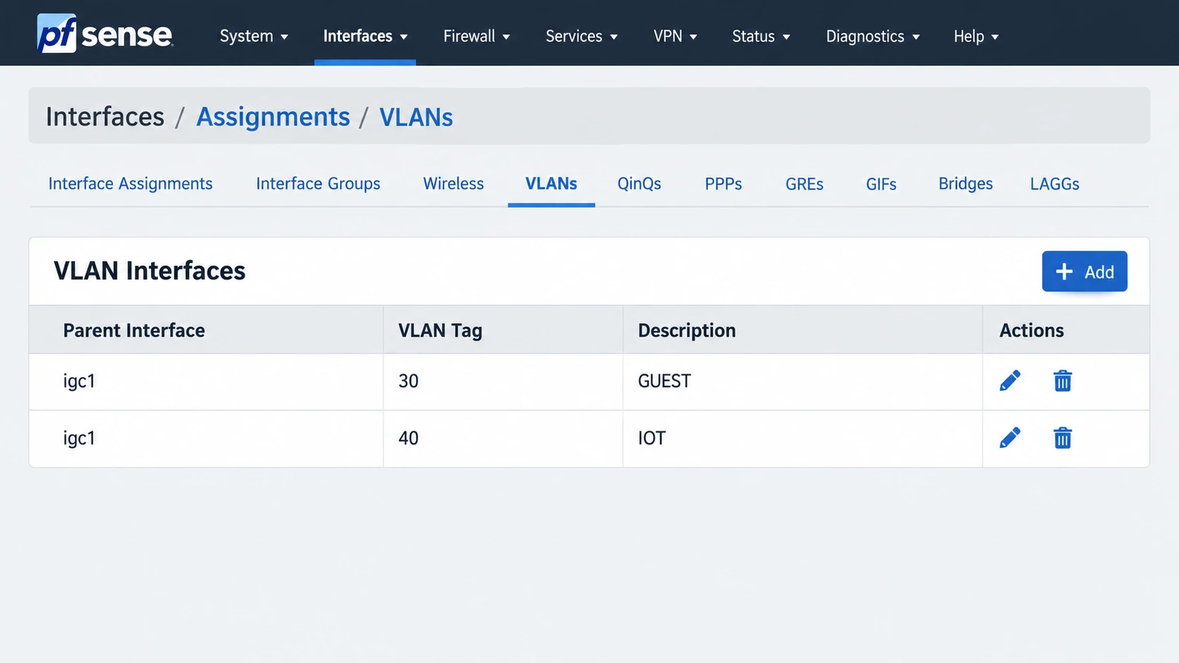 Illustration of VLAN 30 GUEST and VLAN 40 IOT on parent interface igc1