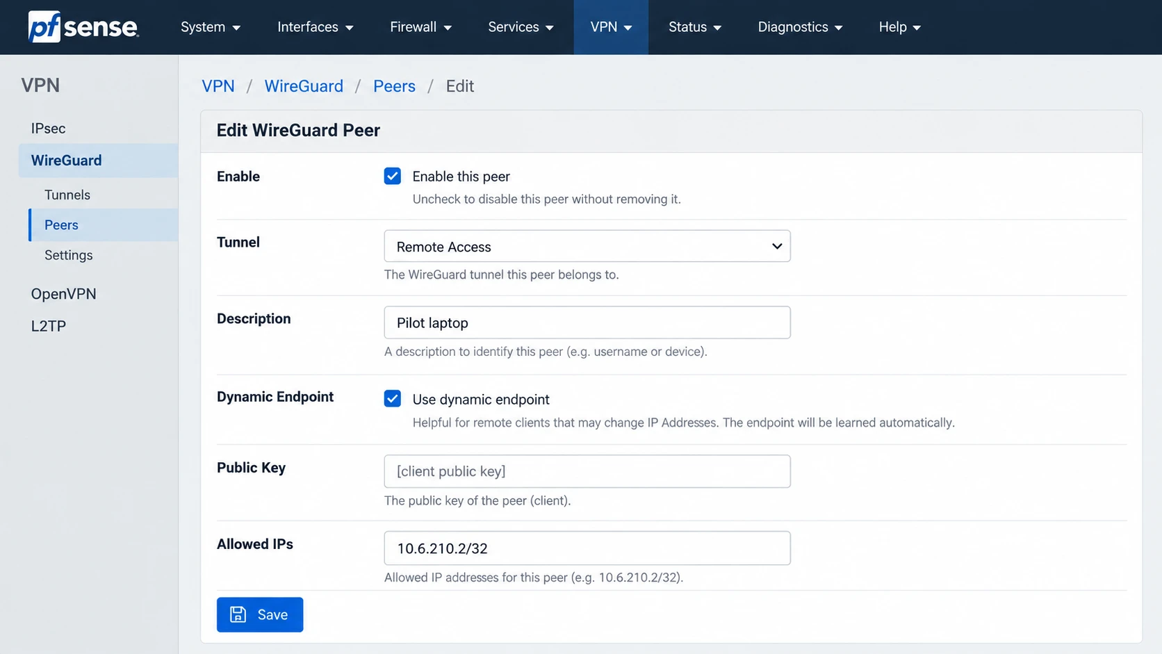 Illustration of a WireGuard peer with a dynamic endpoint and allowed address 10.6.210.2/32